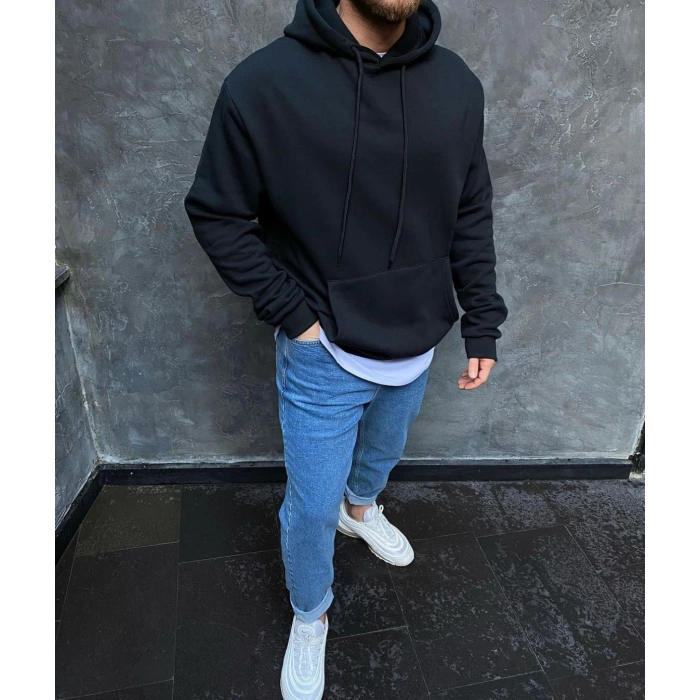 Erkek Owersize Kapüşonlu İçi Şardonlu Sweatshirt -Siyah