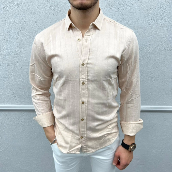 Erkek Dar Kesim Likralı Kısa Kendinden Desenli Gömlek- Pembe