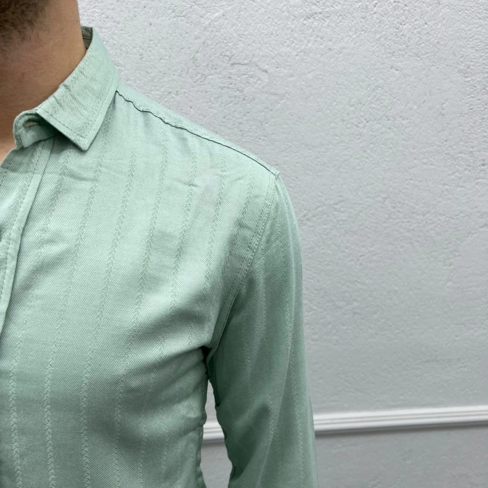 Erkek Dar Kesim Likralı Kısa Kendinden Desenli Gömlek- Yeşil