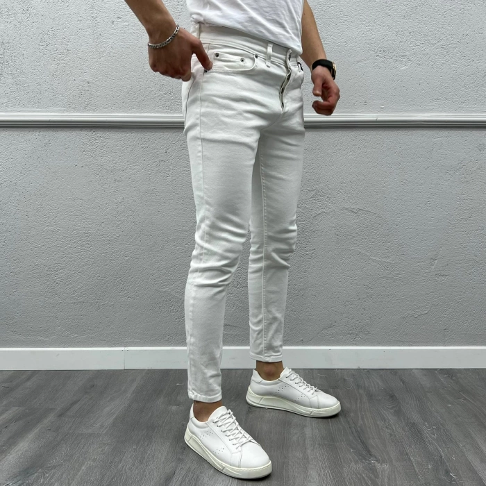 Erkek Dar Kesim Silim fit Likralı Açık Renk Kot Pantolon- Beyaz