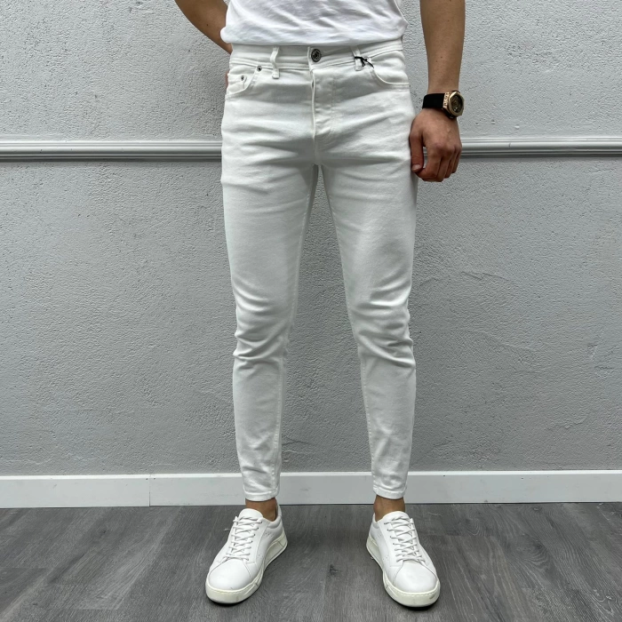 Erkek Dar Kesim Silim fit Likralı Açık Renk Kot Pantolon- Beyaz