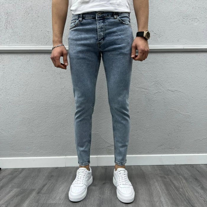 Erkek Dar Kesim Silim fit Likralı Açık Renk Kot Pantolon- Mavi