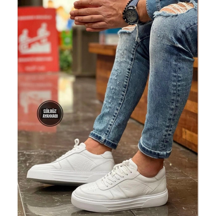 Erkek İçi Dışı Deri Eva Taban Sneakers Bağcıklı Spor Ayakkabı-Beyaz
