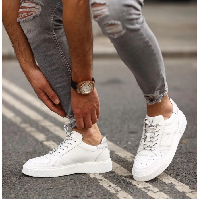 Erkek İçi Dışı Deri H Baskılı Eva Taban Sneakers Spor Ayakkabı-Beyaz
