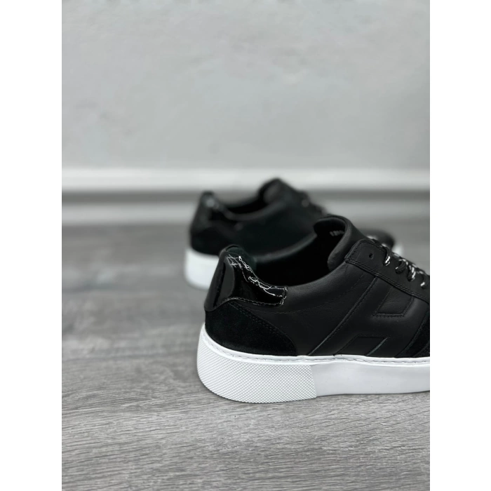 Erkek İçi Dışı Deri H Baskılı Eva Taban Sneakers Spor Ayakkabı-Siyah