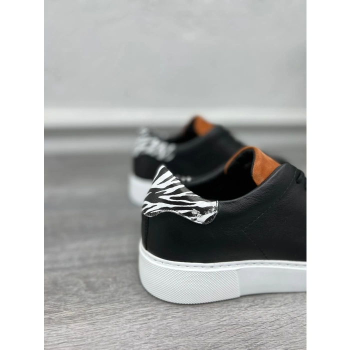 Erkek İçi Dışı Deri Zebra Desenli Eva Taban Sneakers Spor Bağcıklı Ayakkabı-Siyah