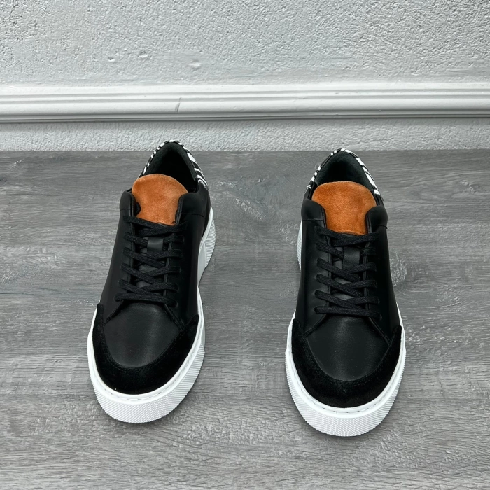 Erkek İçi Dışı Deri Zebra Desenli Eva Taban Sneakers Spor Bağcıklı Ayakkabı-Siyah