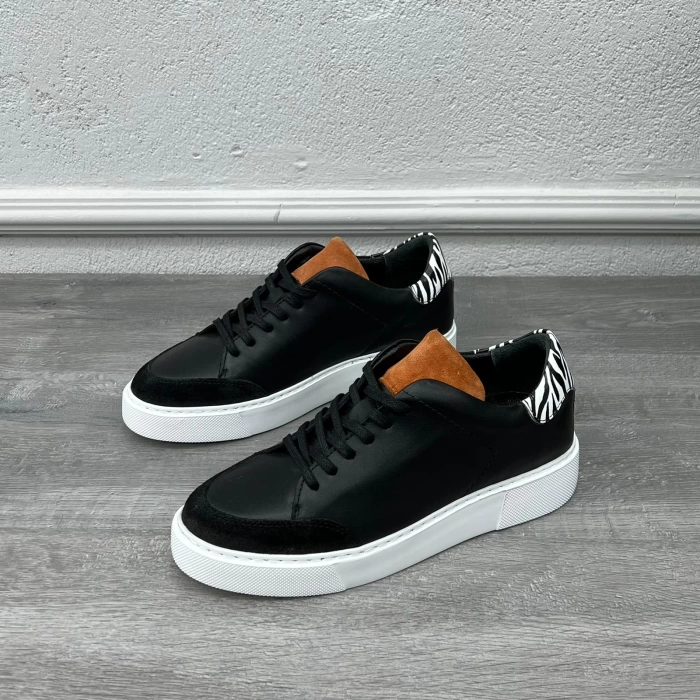 Erkek İçi Dışı Deri Zebra Desenli Eva Taban Sneakers Spor Bağcıklı Ayakkabı-Siyah