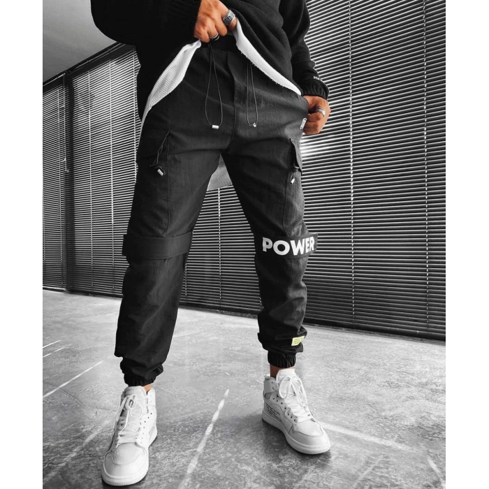 Erkek Paçası Lastikli Paraşüt Kumaş Baskılı Jogger Pantolon- Siyah