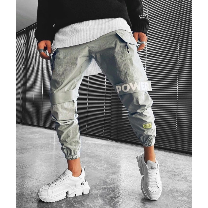 Erkek Paçası Lastikli Paraşüt Kumaş Baskılı Jogger Pantolon- Yeşil