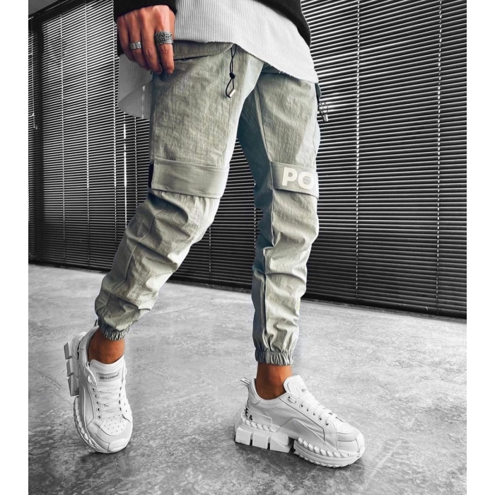Erkek Paçası Lastikli Paraşüt Kumaş Baskılı Jogger Pantolon- Yeşil