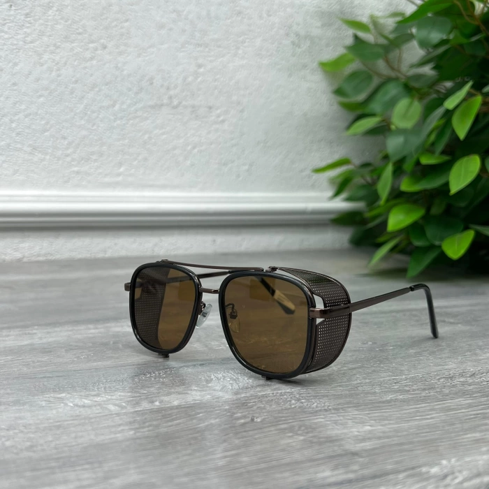 Erkek Unisex Metal Çerçeve Kare Yan Tarafı Metal Delikli Güneş Gözlügü -Kahverengi