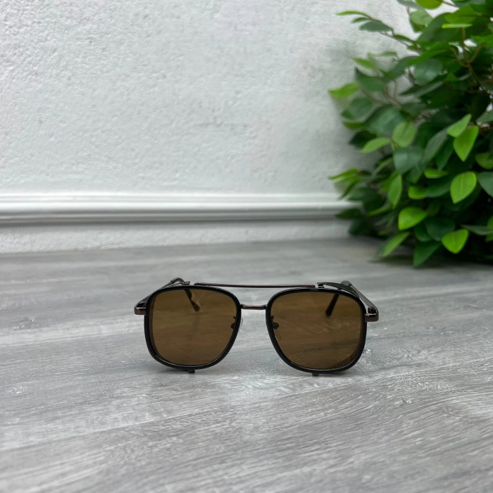 Erkek Unisex Metal Çerçeve Kare Yan Tarafı Metal Delikli Güneş Gözlügü -Kahverengi