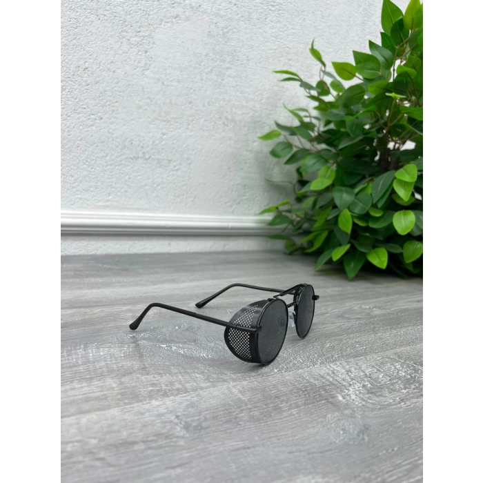 Erkek Unisex Metal Çerçeve Yan Tarafı Delikli Oval Güneş Gözlügü -Siyah