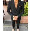 Erkek Kruvaze Model Dar Kesim Desenli  Likralı  Takım Elbise-Gri