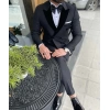 Erkek Dar Kesim Slimft Kruvaze Kadife Yaka Damatlık Takım Elbise-Siyah