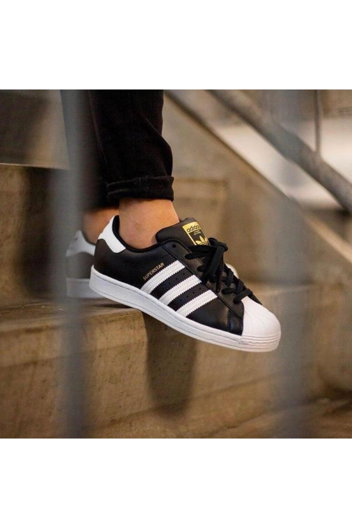 Unisex Deri Superstar Günlük Spor Ayakkabı-Siyah-Beyaz-Gold