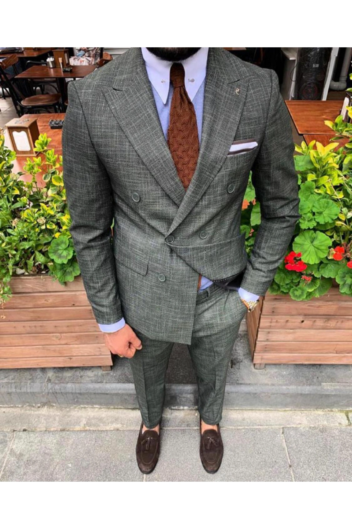 Erkek Kruvaze Model Dar Kesim Desenli  Likralı  Takım Elbise-Gri