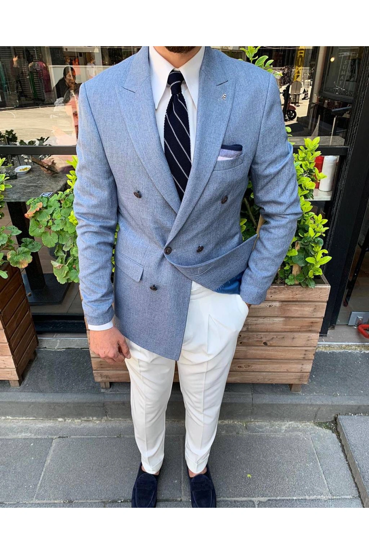 Erkek Dar Kesim Metal Düğme Kruvaze Tek Ceket-Mavi