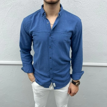 Erkek Dar Kesim Basıc Önü Yatay Dikişli Keten Gömlek- Mavi