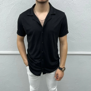 Erkek Dar Kesim Likralı Kısa Kol Gömlek- Siyah