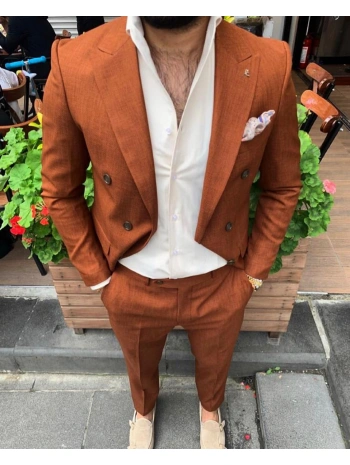 Erkek Dar Kesim Kruvaze Likralı Takım Elbise-Kiremit