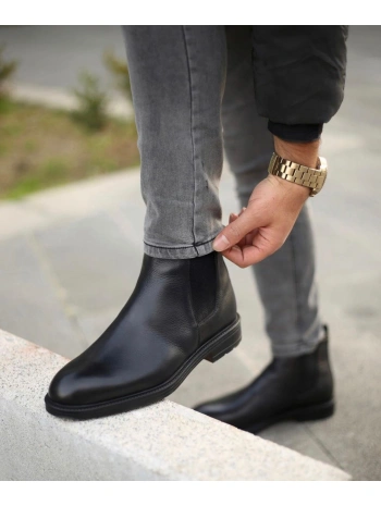 Yeni Sezon Erkek Kauçuk Taban Bağcıksız Deri Chelsea Bot-Siyah