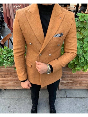 Erkek Dar Kesim Kaşe Metal Düğme Kruvaze Ceket - Taba