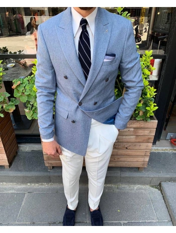 Erkek Dar Kesim Metal Düğme Kruvaze Tek Ceket-Mavi