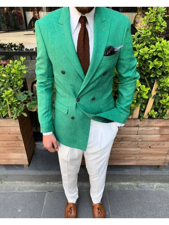 Erkek Dar Kesim Metal Düğme Kruvaze Tek Ceket-Yeşil