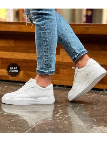 Erkek İçi Dışı Deri Eva Taban Sneakers Bağcıklı Spor Ayakkabı-Beyaz