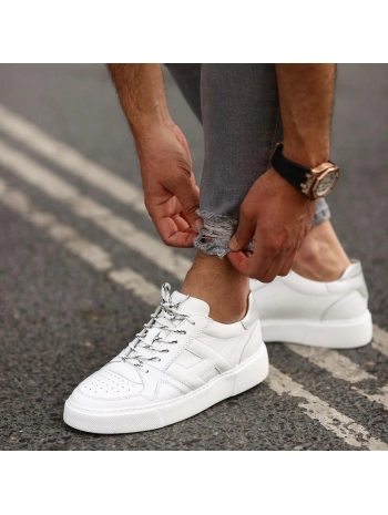 Erkek İçi Dışı Deri H Baskılı Eva Taban Sneakers Spor Ayakkabı-Beyaz