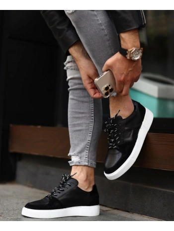 Erkek İçi Dışı Deri H Baskılı Eva Taban Sneakers Spor Ayakkabı-Siyah