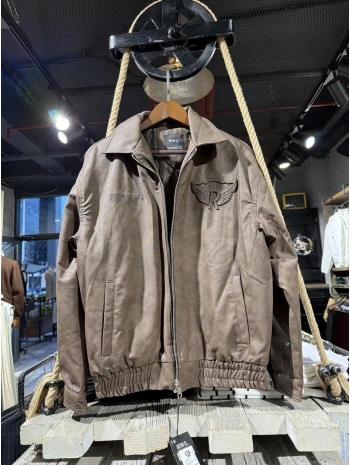 Erkek Owersıze Önü Fermuarlı Arka Baskılı Deri Mont - Kahverengi