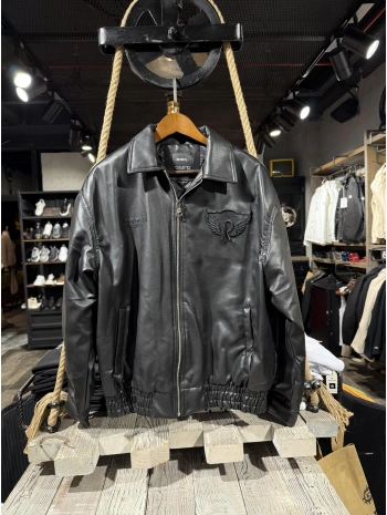 Erkek Owersıze Önü Fermuarlı Arka Baskılı Deri Mont - Siyah