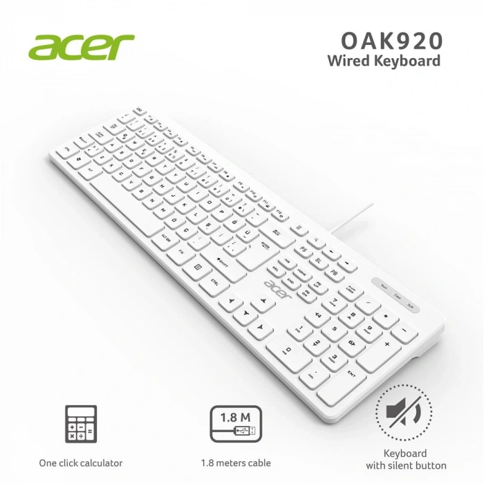 Acer OAK920 Q Usb Beyaz 1.8mt Kablolu Klavye-Tek Tuş Hesap Makinalı (Sessiz Tuş)
