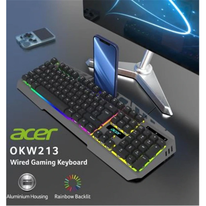 Acer OKW213 Gri RGB Rainbow Backlit Gaming Keyboard Rainbow (Kablo Uzunluğu 1,5mt)