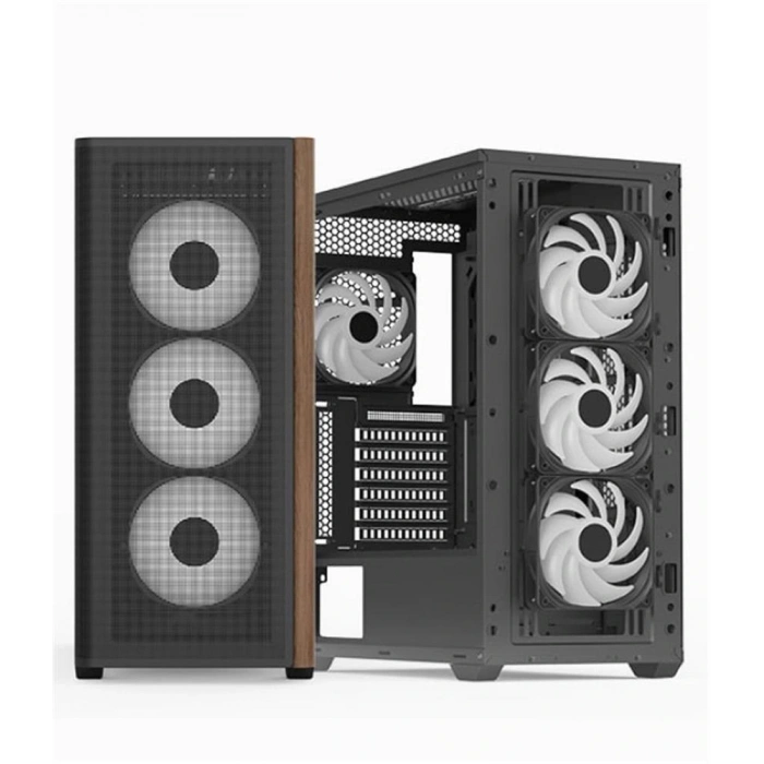 Aerocool AE  D501A BK 4x12cm A-RGB Fanlı, Ahşap Ön Panel Temp Cam Yan ve Mesh Ön Panel,USB Type-C