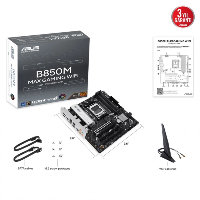 ASUS B850M MAX GAMING WIFI AM5 DDR5 8000MHz M.2 HDMI DP mATX Anakart
