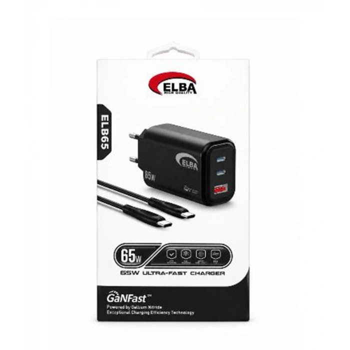 Elba ELB65 65W Siyah Ev Şarj Kafa + Type- C To Type-C Kablo  ( GANFAST Teknoloji )Şarj Aleti