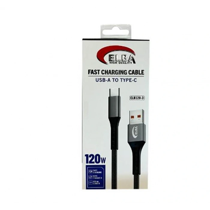 Elba Elb120-3 120w   USBC Type-c To Usb 1Mt Siyah Örgülü  Şarj Kablosu ( Data Veri )