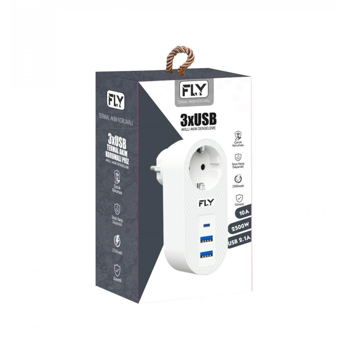 FLY-3400-01 Akım Korumalı.1 li Priz 2-Usba 1-C Soket 2.1A 10A 2500W