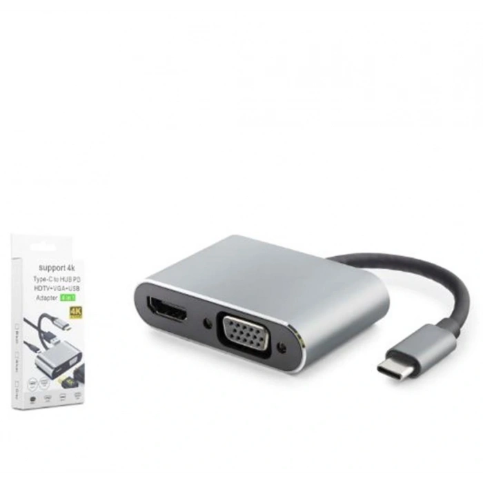 HADRON HDX7839 TYPE-C TO HUB HDTV 4K 30HZ + TYPE-C + USB + VGA 4IN1 GRİ