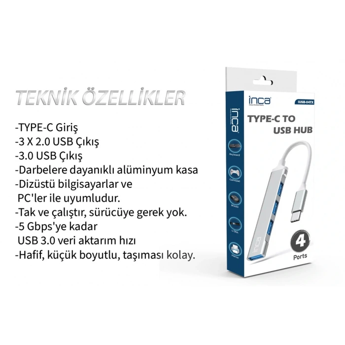 Inca IUSB-04T Type-C Grişli 4Port Usb Hub 3X2.0 USB Çıkış 3.0 USB Çıkış 5 Gbps