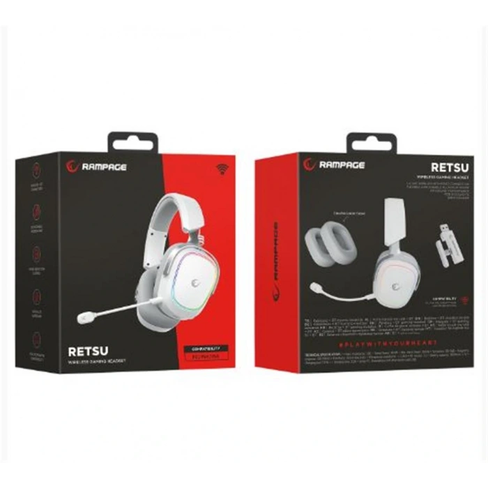 Rampage RETSU Beyaz-Gri Kablosuz 2.4G+ Bluetooth Kumaş  Deri  Earpad Mikrofonlu Oyuncu Kulaklığı