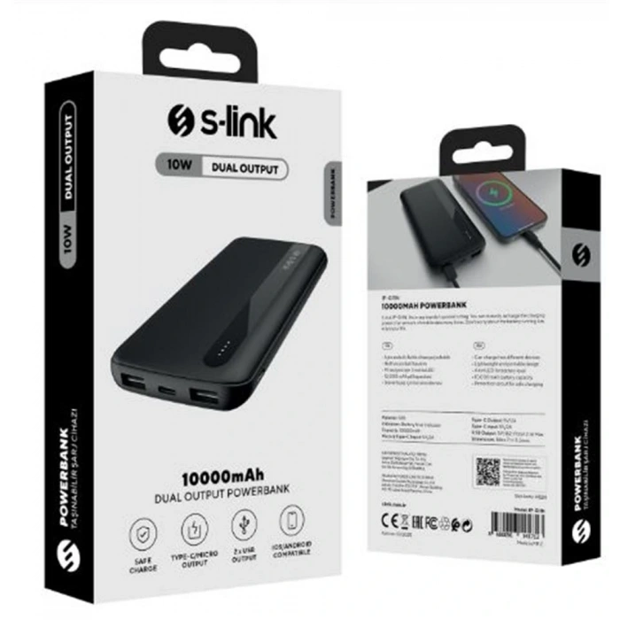 S-link IP-G11N 10000mAh Micro+Usb+ Type-C Giriş+Çıkış Siyah Taşınabilir Pil Şarj Cihazı Powerbank
