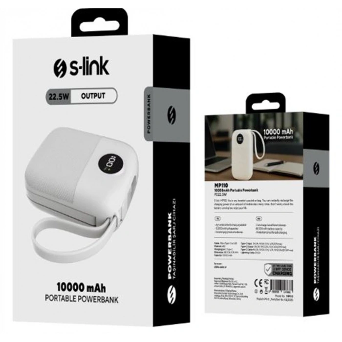 S-link MP110 10000mAh PD22.5W Type-C+Lightning Kablolu Beyaz  Pil Şarj Cihazı Powerbank