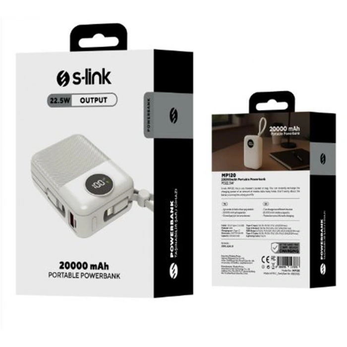 S-link MP120 20000mAh PD22.5W Type-C+Lightning Kablolu Beyaz  Pil Şarj Cihazı Powerbank