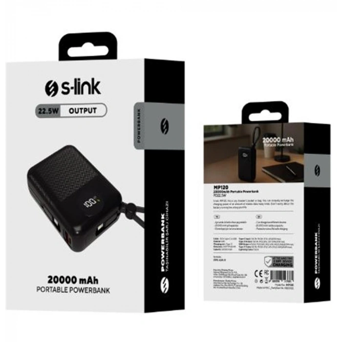 S-link MP120 20000mAh PD22.5W Type-C+Lightning Kablolu Siyah  Pil Şarj Cihazı Powerbank