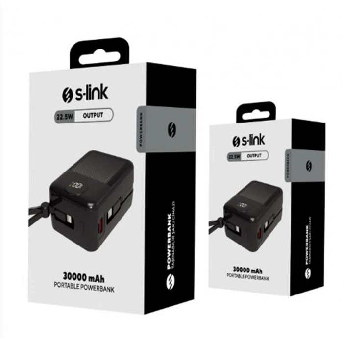 S-link MP130 30000mAh PD22.5W Type-C+Lightning Kablolu Siyah Pil Şarj Cihazı Powerbank